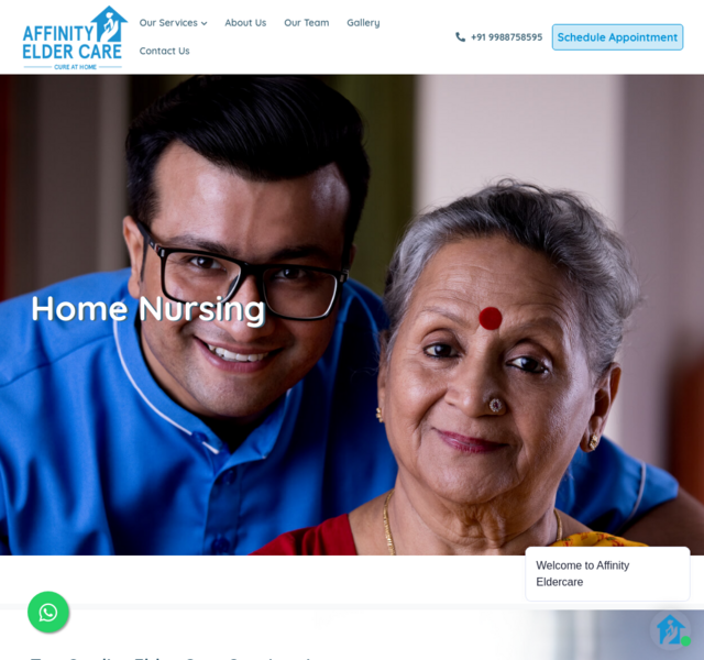 Website preview of the Affinity Eldercare nursing services platform developed by SpotMedia, highlighting care services and facility visuals.