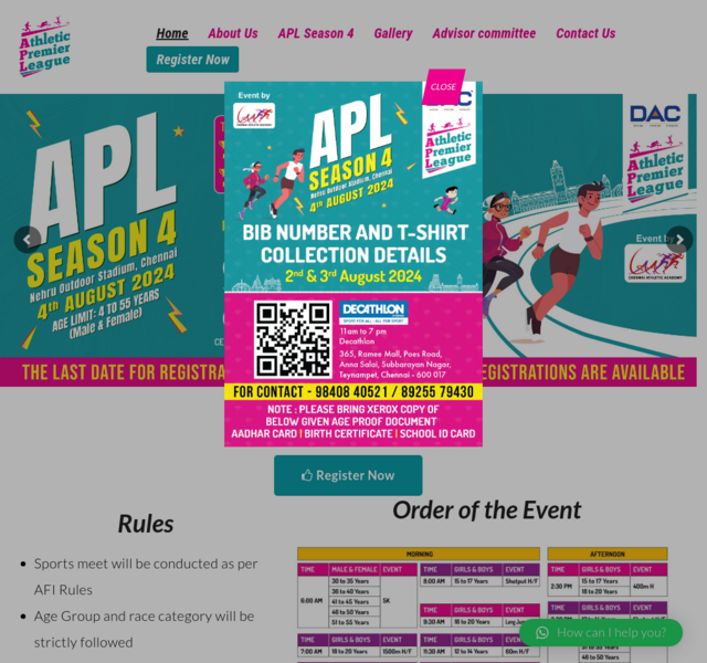 Website interface preview of the APL sports and event promotion platform developed by SpotMedia, with event listing and branding visuals.