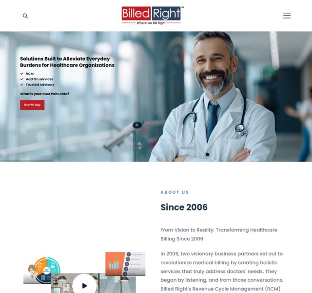 Homepage preview of the BilledRight healthcare website designed by SpotMedia, showcasing a clean and modern medical UI layout.