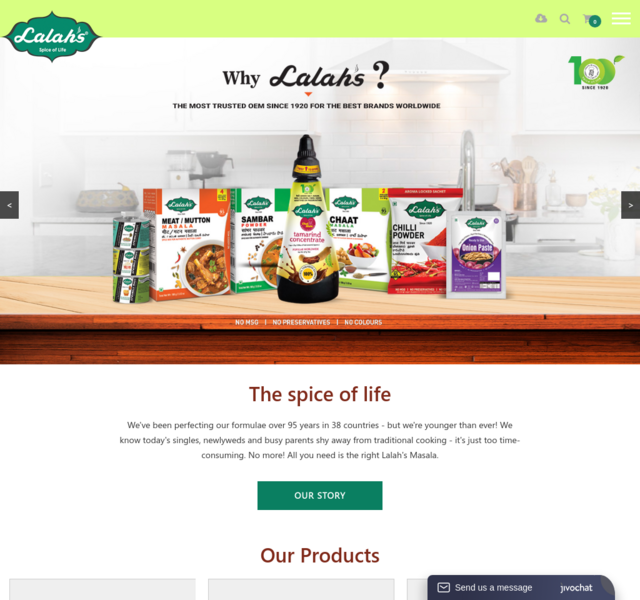 Website design for Lalahs food products created by SpotMedia, showcasing product categories, visuals, and branding elements.