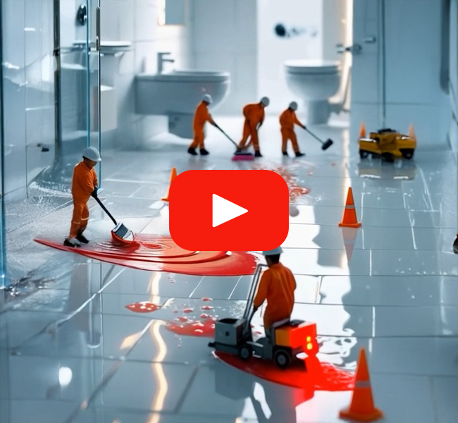 Thumbnail image representing the Parryware SafeEssentials hygiene cleaning video produced by SpotMedia, featuring workers sanitizing floors.
