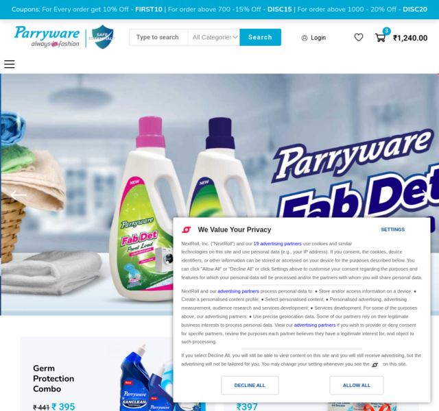 Product-focused website design for Parryware SafeEssentials created by SpotMedia, presenting hygiene products and brand messaging.